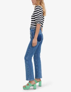 Maje Platane Braided-trim Flared High-rise Organic Cotton-blend Stretch-denim Jeans -Whistlkes Style R03879067 BLEUS ALT01