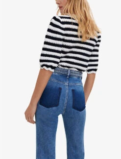 Maje Platane Braided-trim Flared High-rise Organic Cotton-blend Stretch-denim Jeans -Whistlkes Style R03879067 BLEUS ALT04