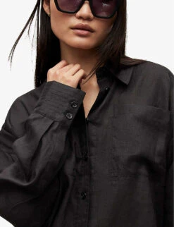 AllSaints Inez Oversized-fit Linen Shirt -Whistlkes Style R03885691 BLACK ALT04