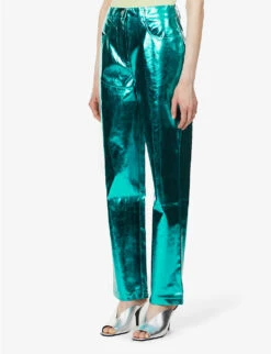 Metallic Straight-leg High-rise Faux Leather Trousers -Whistlkes Style R03934387 BLUE ALT02