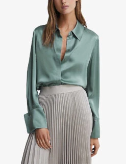 Reiss Hailey Point-collar Silk Shirt -Whistlkes Style R03936913 SAGE ALT02