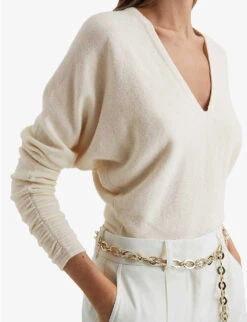Reiss Jolie V-neck Wool-blend Jumper -Whistlkes Style R03942183 CREAM ALT02