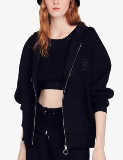 Sandro Boston Logo-patch Cotton-blend Hoody -Whistlkes Style R03947837 NOIRGRIS ALT02