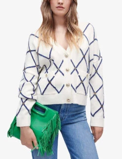 Maje Moove Diamond-pattern Logo-embellished Knitted Cardigan -Whistlkes Style R03958319 BLANC ALT02