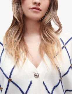 Maje Moove Diamond-pattern Logo-embellished Knitted Cardigan -Whistlkes Style R03958319 BLANC ALT04