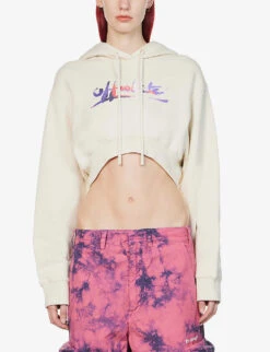 Readymade Logo-print Cropped Cotton-jersey Hoody -Whistlkes Style R03974559 BEIGEPURPLE ALT02