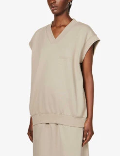 ESSENTIALS V-neck Brand-badge Cotton-blend Top -Whistlkes Style R03991590 SMOKE ALT02