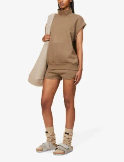 ESSENTIALS High-neck Brand-badge Cotton-blend Top -Whistlkes Style R03991646 WOOD ALT01