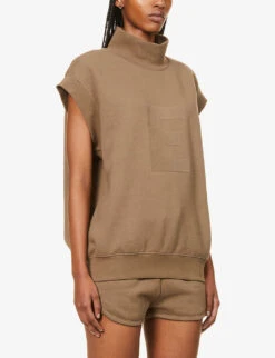 ESSENTIALS High-neck Brand-badge Cotton-blend Top -Whistlkes Style R03991646 WOOD ALT02