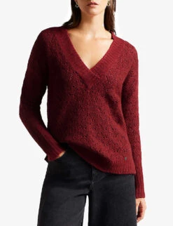Ted Baker Jackeiy V-neckline Stretch-knit Jumper -Whistlkes Style R03999036 RED ALT02