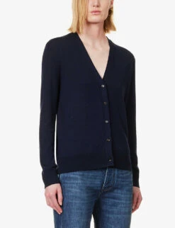Bottega Veneta V-neck Brand-embroidered Wool Cardigan -Whistlkes Style R04064610 MIDNIGHTBLUE ALT02