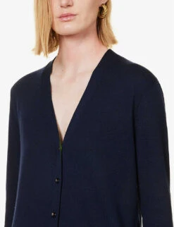 Bottega Veneta V-neck Brand-embroidered Wool Cardigan -Whistlkes Style R04064610 MIDNIGHTBLUE ALT04