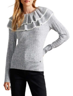 Ted Baker Glanya Frill-detail Knitted Jumper -Whistlkes Style R04065046 GREYMARL ALT02