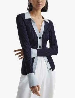 Reiss Alicia Contrast-trim Knitted Cardigan -Whistlkes Style R04068251 BLUENAVY ALT02