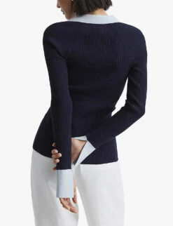 Reiss Alicia Contrast-trim Knitted Cardigan -Whistlkes Style R04068251 BLUENAVY ALT03