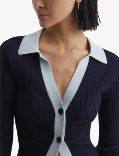 Reiss Alicia Contrast-trim Knitted Cardigan -Whistlkes Style R04068251 BLUENAVY ALT04