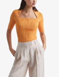 Reiss Tina Square-neck Stretch-woven Jumper -Whistlkes Style R04068261 ORANGE ALT02