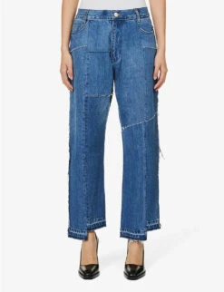 Patchwork-panel Faded-wash Wide-leg High-rise Jeans -Whistlkes Style R04071723 BLUE ALT02