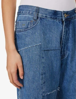 Patchwork-panel Faded-wash Wide-leg High-rise Jeans -Whistlkes Style R04071723 BLUE ALT04