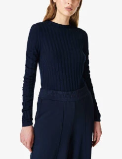 Sweaty Betty Willow Ruched-stripe Rib-knit Jumper -Whistlkes Style R04074811 FRENCHNAVYBLUE ALT02