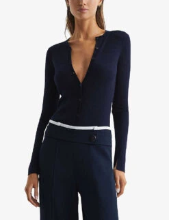 Reiss Arabella Split-cuff Silk And Wool-blend Cardigan -Whistlkes Style R04075271 NAVY ALT02