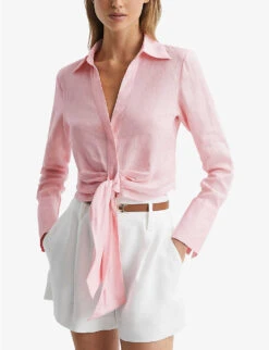 Reiss Dahlia Point-collar Tie-waist Linen Shirt -Whistlkes Style R04082353 PINK ALT02
