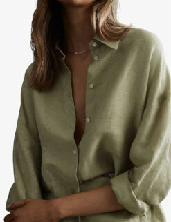 Reiss Ellis Long-sleeved Oversized Linen-blend Shirt -Whistlkes Style R04082359 KHAKI ALT04