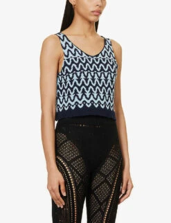 Cropped Lettuce-hem Wool, Silk And Cashmere-blend Top -Whistlkes Style R04089689 BLUE ALT02