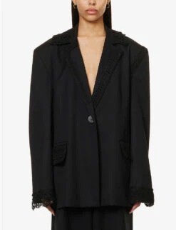 Crochet-trim Oversized Wool Blazer -Whistlkes Style R04089692 BLACK ALT02