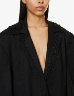 Crochet-trim Oversized Wool Blazer -Whistlkes Style R04089692 BLACK ALT04