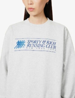 Running Club Brand-print Cotton-blend Sweatshirt -Whistlkes Style R04090230 HEATHERGRAYSTEELBLUE ALT04
