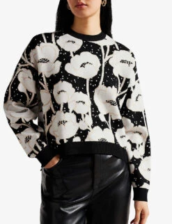 Ted Baker Pipha Floral-jacquard Cropped Knitted Jumper -Whistlkes Style R04093077 BLACK ALT02