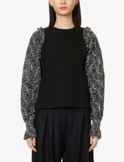 ME AND EM Embroidered-sleeve Cotton-blend Sweatshirt -Whistlkes Style R04094216 BLACKWHITE ALT02