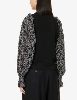 ME AND EM Embroidered-sleeve Cotton-blend Sweatshirt -Whistlkes Style R04094216 BLACKWHITE ALT03