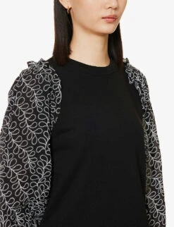 ME AND EM Embroidered-sleeve Cotton-blend Sweatshirt -Whistlkes Style R04094216 BLACKWHITE ALT04