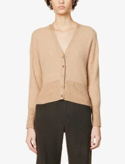 Joseph V-neck Brushed Wool-cashmere Blend Knitted Cardigan -Whistlkes Style R04095121 LIGHTCAMEL ALT02