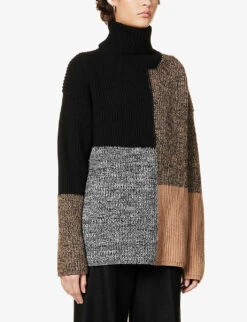 Joseph High-neck Colourblock Wool-knit Collage Jumper -Whistlkes Style R04095134 CAMELCOMBO ALT02