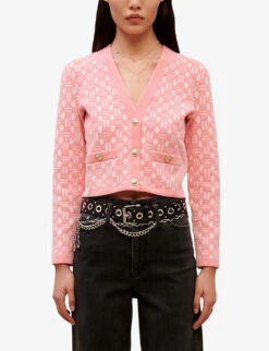 Maje Graphic-printed Cropped Stretch-woven Cardigan -Whistlkes Style R04101695 ROSES ALT02