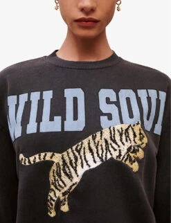 Maje Wild Soul Tiger-print Cotton-jersey Sweatshirt -Whistlkes Style R04101778 NOIRGRIS ALT04