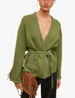 Maje Madeno Chain-trimmed Belted Stretch-woven Cardigan -Whistlkes Style R04101828 BRUNS ALT02