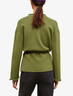 Maje Madeno Chain-trimmed Belted Stretch-woven Cardigan -Whistlkes Style R04101828 BRUNS ALT03