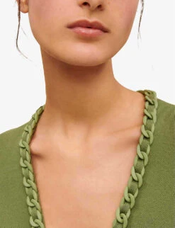 Maje Madeno Chain-trimmed Belted Stretch-woven Cardigan -Whistlkes Style R04101828 BRUNS ALT04