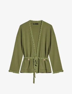 Maje Madeno Chain-trimmed Belted Stretch-woven Cardigan