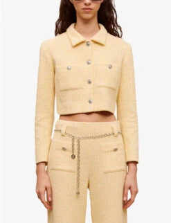 Maje Villo Checked Cropped Stretch-tweed Jacket -Whistlkes Style R04101923 JAUNESORANGES ALT02