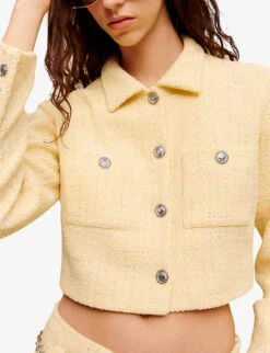 Maje Villo Checked Cropped Stretch-tweed Jacket -Whistlkes Style R04101923 JAUNESORANGES ALT04