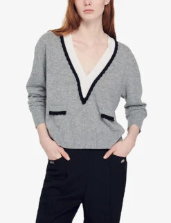 Sandro Alisson Contrast-neck Wool And Cashmere-blend Jumper -Whistlkes Style R04102181 NOIRGRIS ALT02