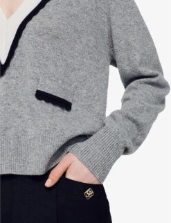 Sandro Alisson Contrast-neck Wool And Cashmere-blend Jumper -Whistlkes Style R04102181 NOIRGRIS ALT04