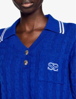 Sandro Sagnat Cable-knit Cropped Wool-blend Jumper -Whistlkes Style R04102264 BLEUS ALT04
