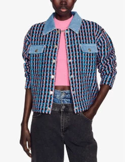 Sandro Gigina Checked Denim-trimmed Stretch-tweed Jacket -Whistlkes Style R04102333 NOIRGRIS ALT02