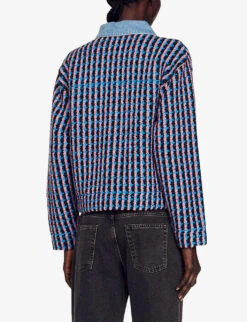 Sandro Gigina Checked Denim-trimmed Stretch-tweed Jacket -Whistlkes Style R04102333 NOIRGRIS ALT03